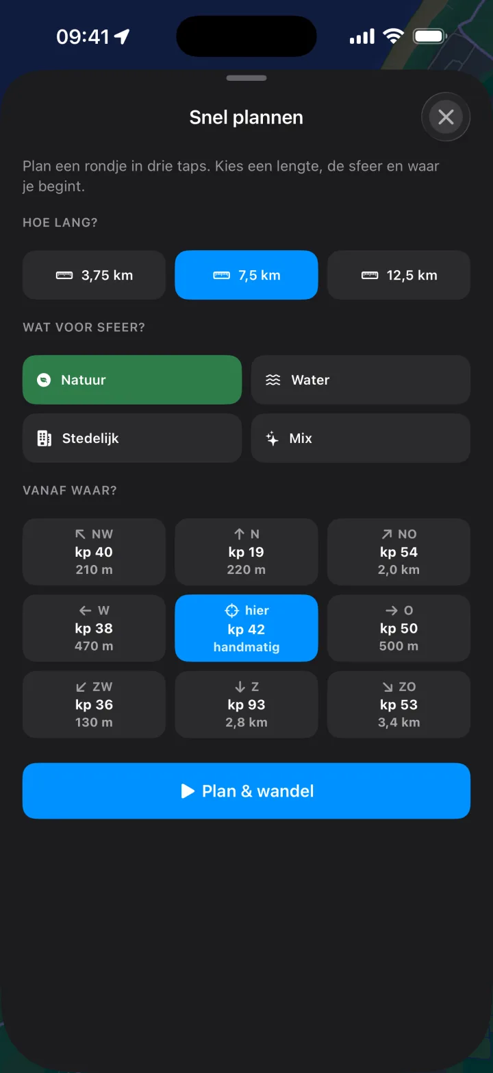 Quick plan: choose distance, landscape and start knooppunt