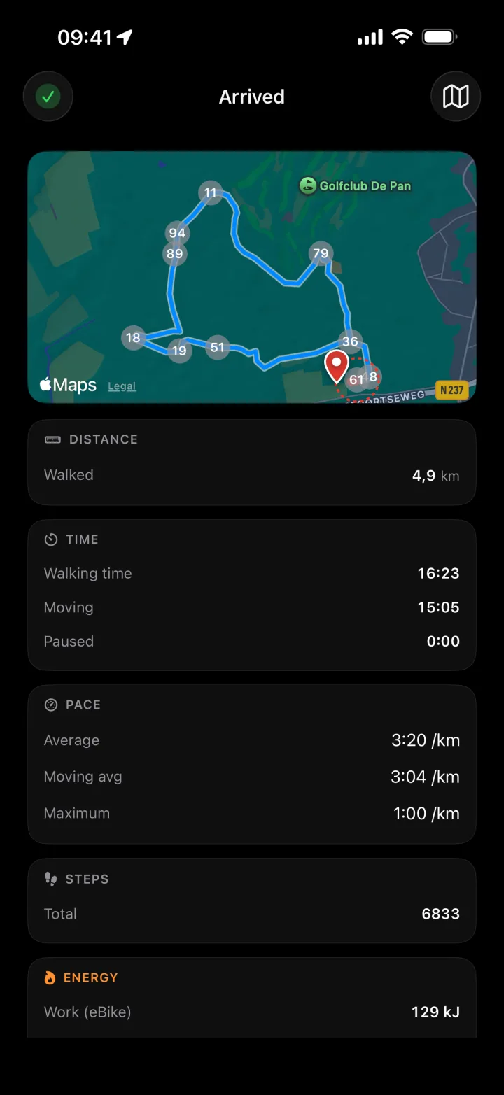 Walk recap: walked track on the map with distance, time, pace and steps