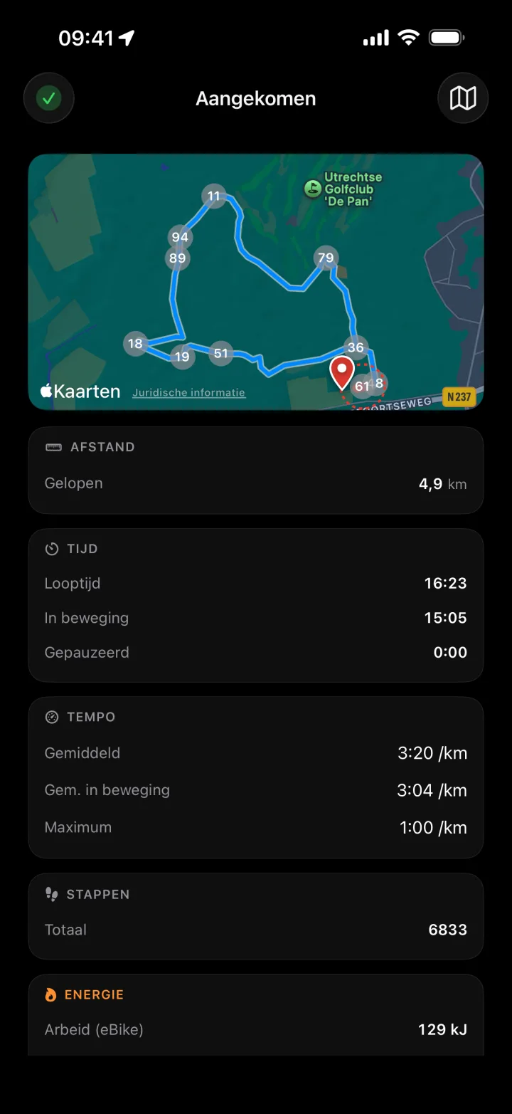 Walk recap: walked track on the map with distance, time, pace and steps