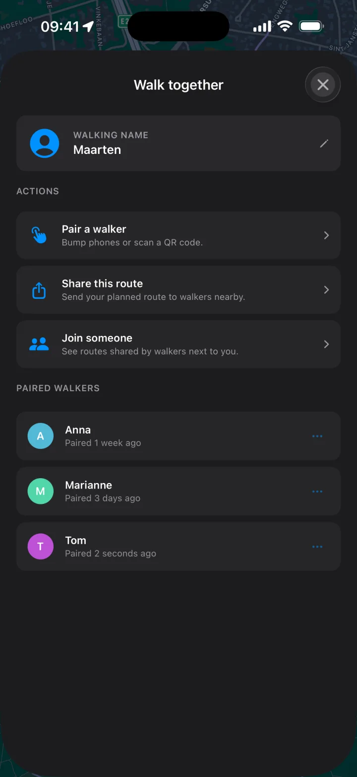 Walk-together hub: pair a walker, share a route, join someone